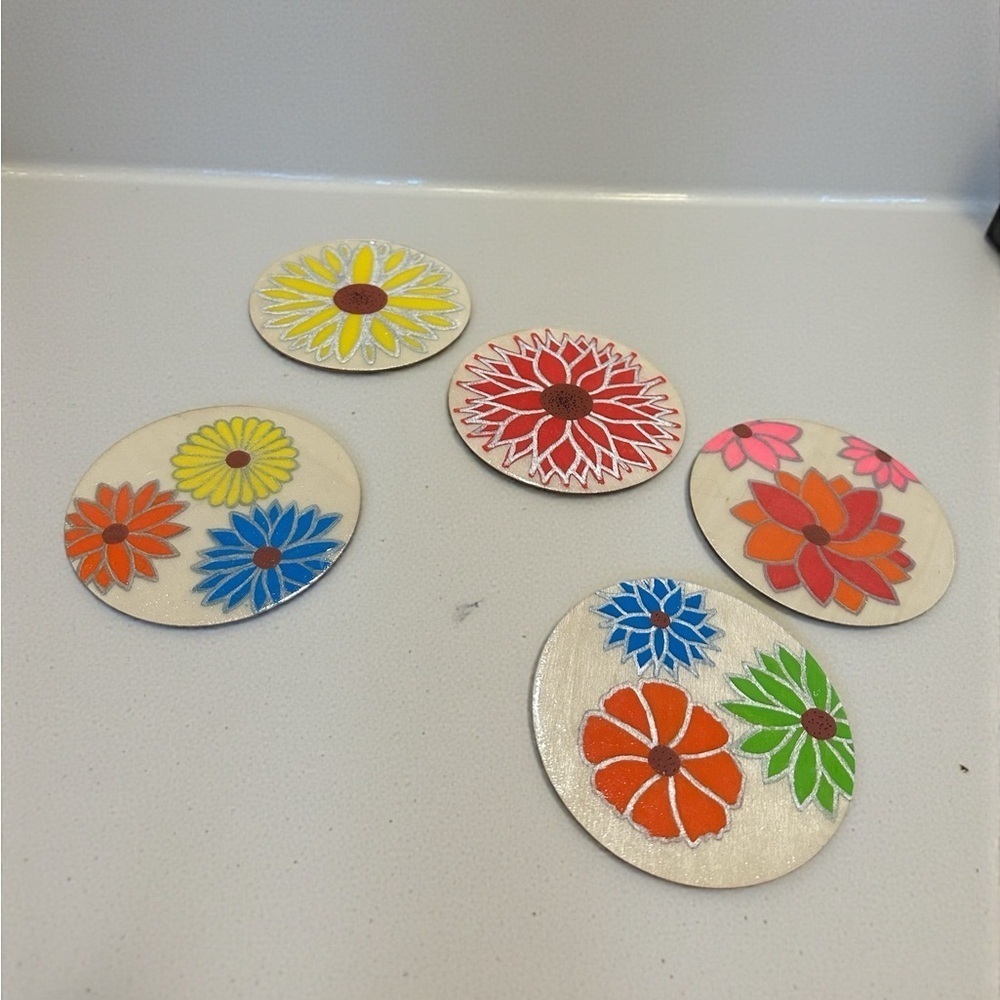 5 Handmade Drink Coasters Colorful Flowers Glossy - Picture 3 of 5